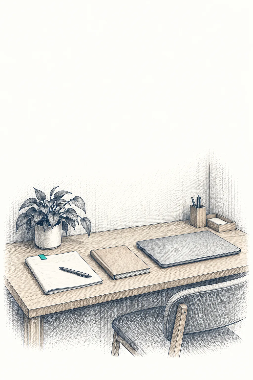 A studio desk: a notebook with a teal tab, a bound book, a closed laptop and a plant