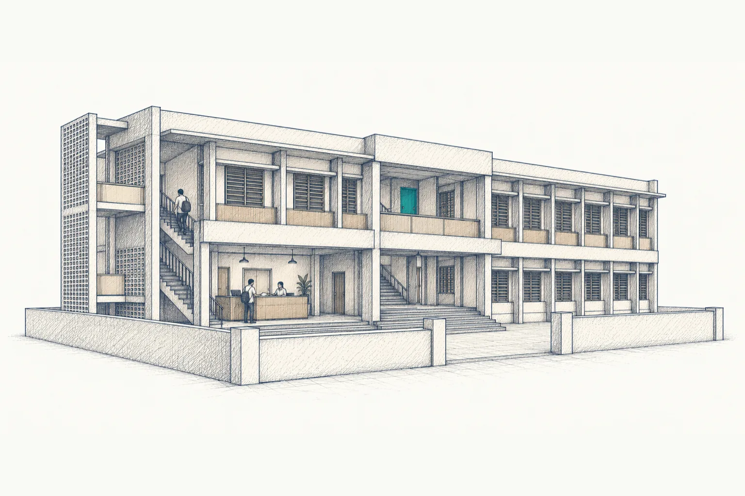 College block elevation: two storeys of louvred classrooms, a stair tower and an admissions counter under the arcade