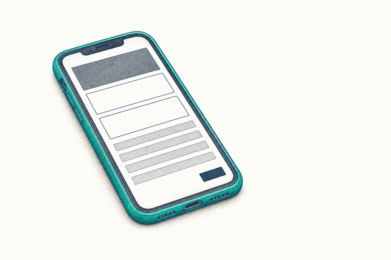 A phone in a teal case showing a results page, wireframed