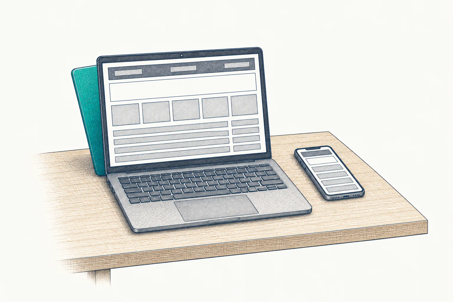 Laptop and phone on a desk showing the site wireframe, a teal folder behind