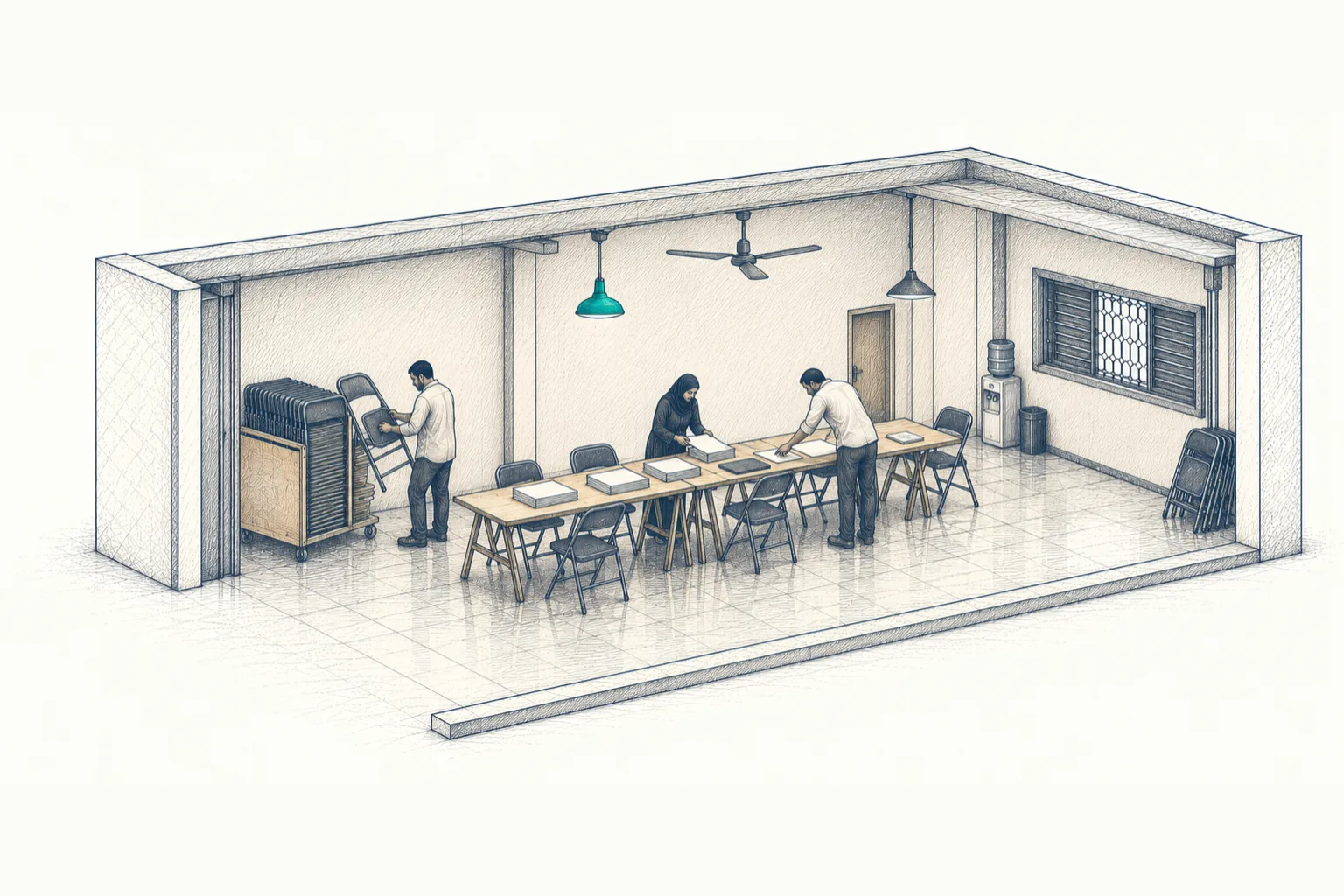 Community hall being set up: trestle tables, folding chairs, stacks of paper, a teal pendant
