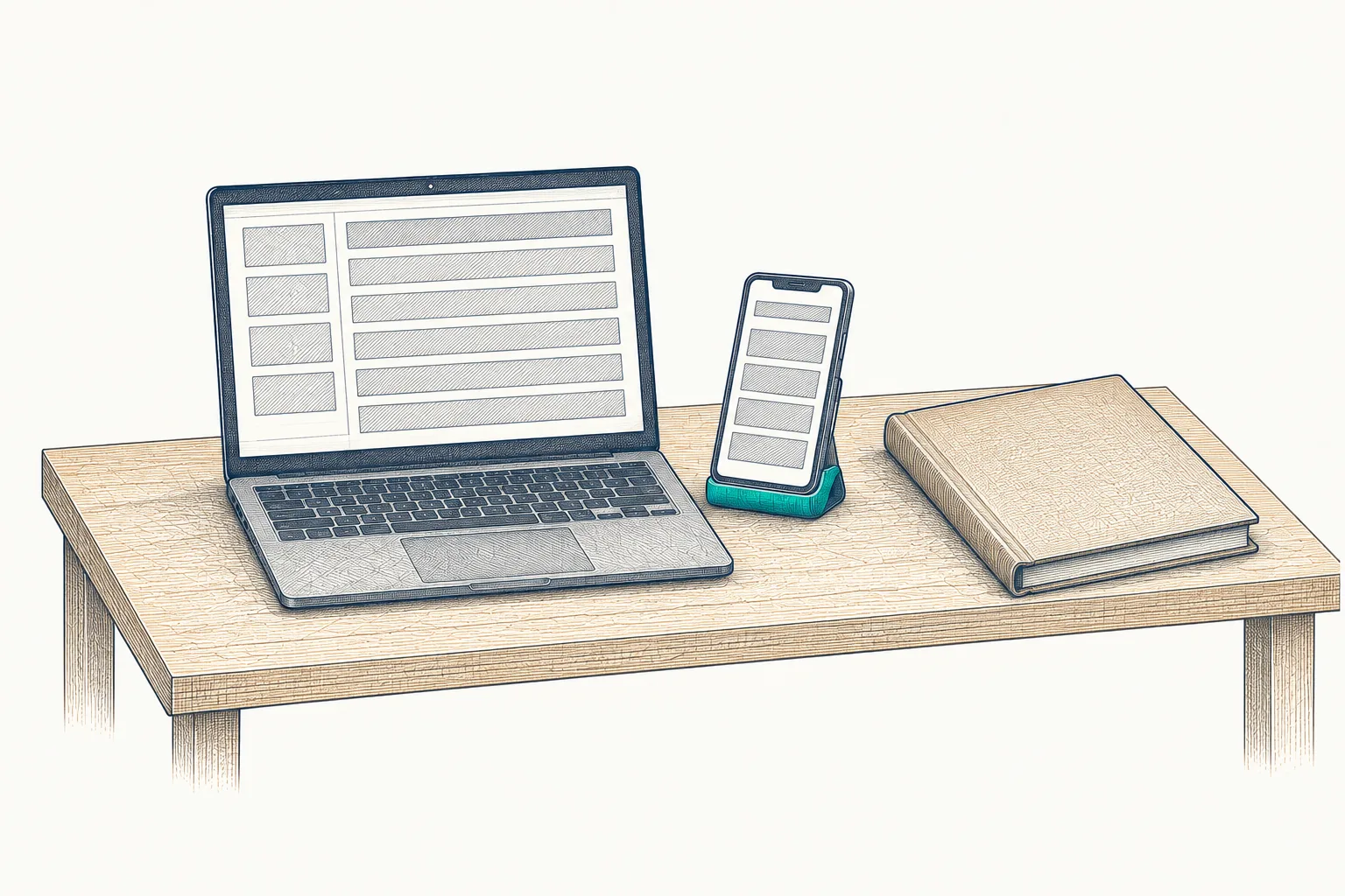 Laptop, phone on a teal stand and a bound book on a desk — three small builds