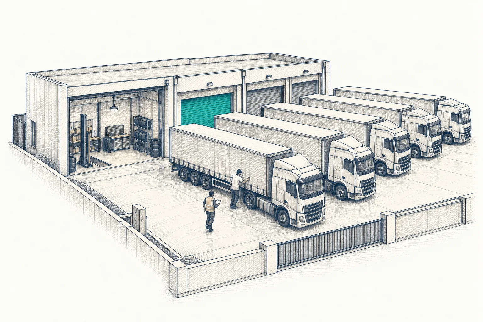 Freight yard: five curtain-sided trucks lined up outside a workshop bay with a teal shutter, a driver checking the load