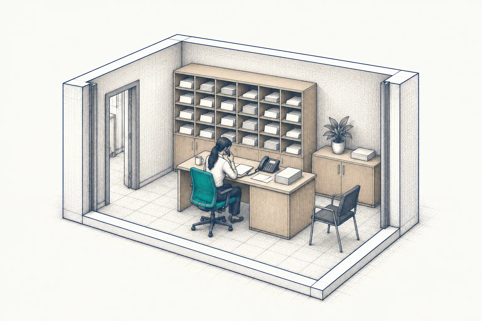 Transport office: a dispatcher on the phone at a desk beneath pigeonholes of paperwork, a teal chair