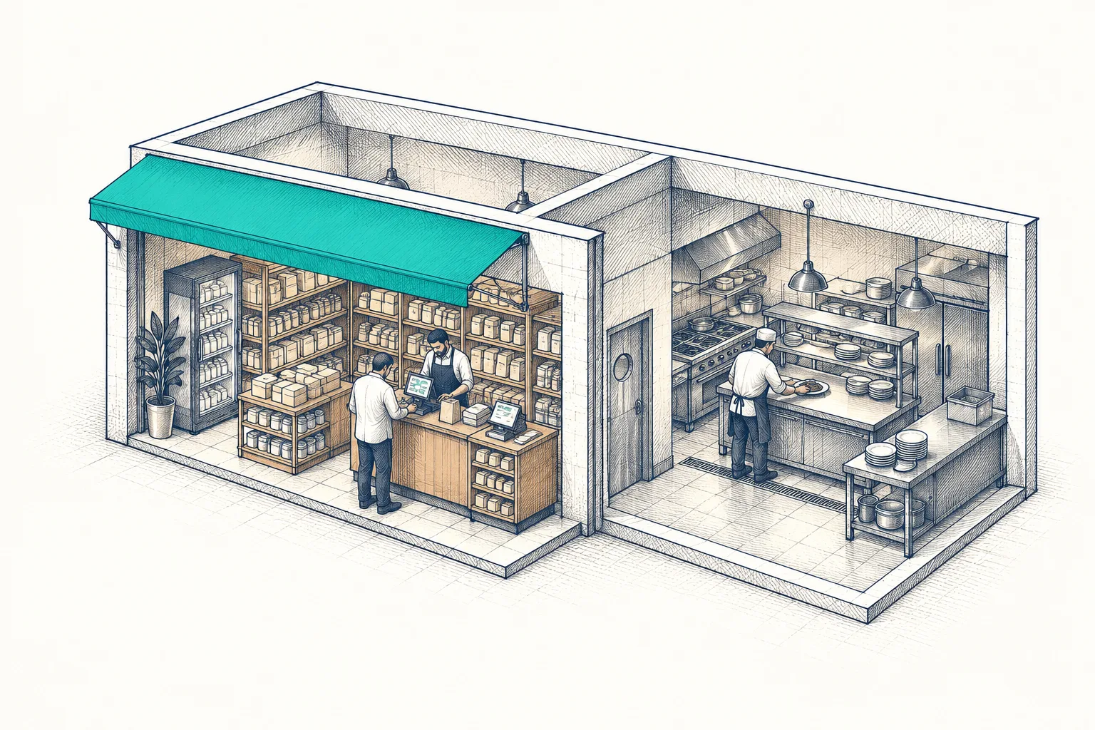 Cutaway of a corner shop with a teal awning and a POS counter, beside a restaurant kitchen