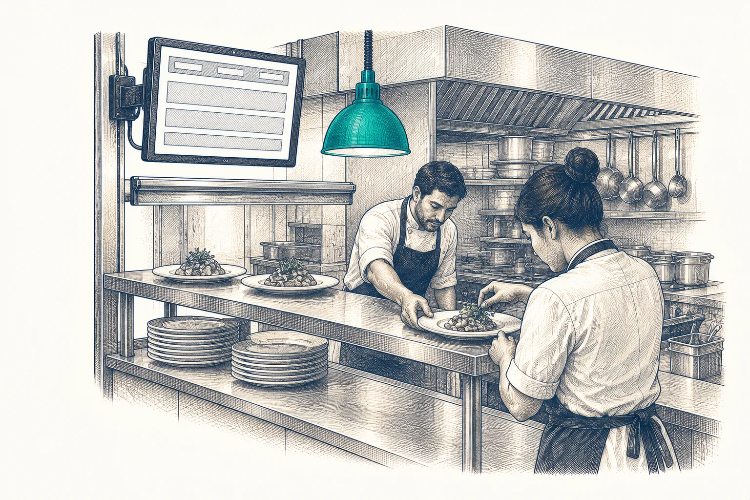 Restaurant pass: a chef plating under a teal pendant, a kitchen display on the wall, a server waiting