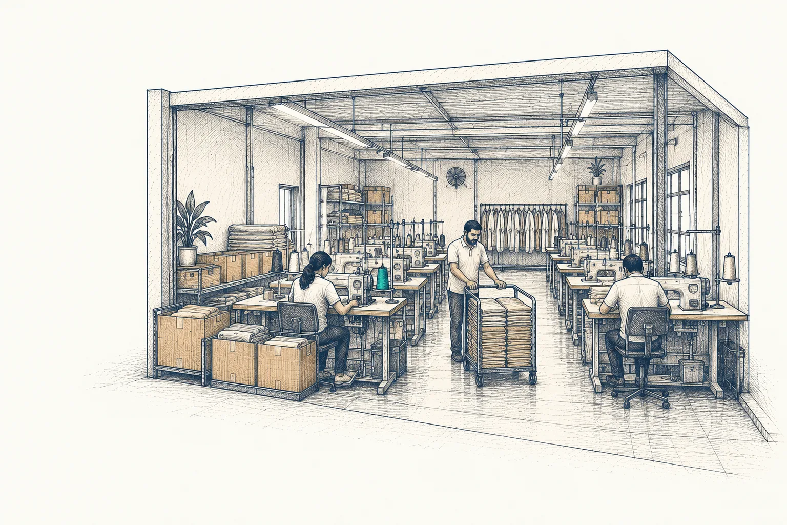 Garment factory floor: sewing lines under strip lights, a worker wheeling a trolley of folded shirts, cartons by the door