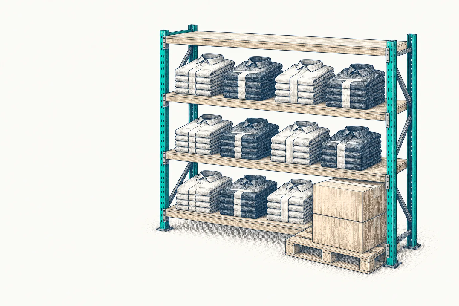 Warehouse rack of folded shirts in navy and white, cartons on a pallet, teal uprights