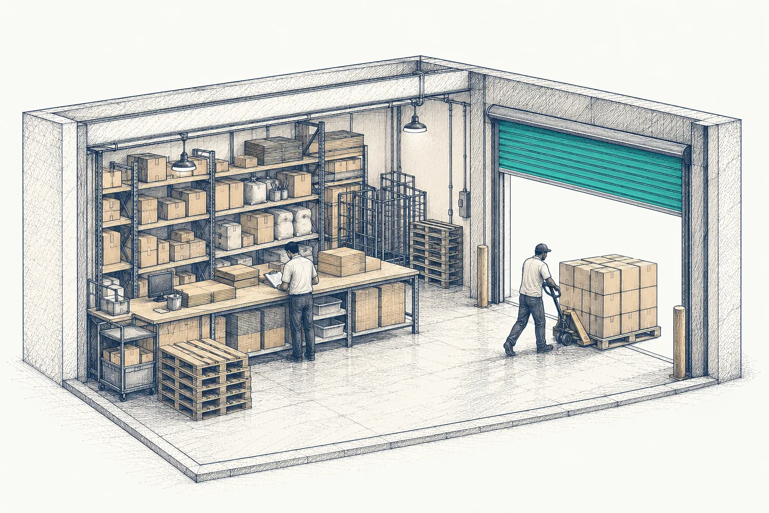 Warehouse cutaway: racking of cartons and sacks, a packing bench with a monitor, pallets, a pallet truck at a teal roller shutter