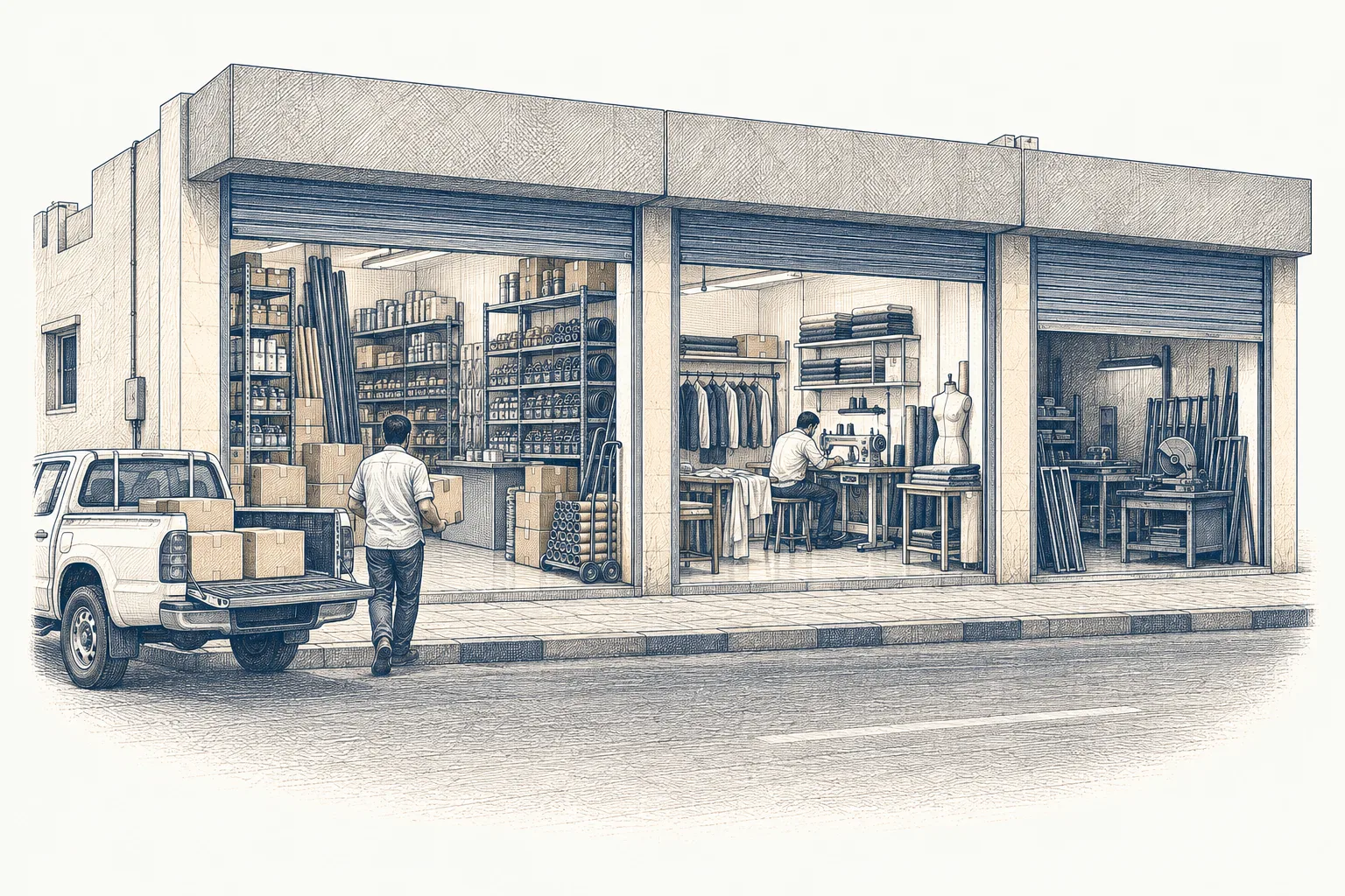 Street elevation of three small trades under one roof: a supplies shop, a tailor and a workshop, a pickup loading at the kerb