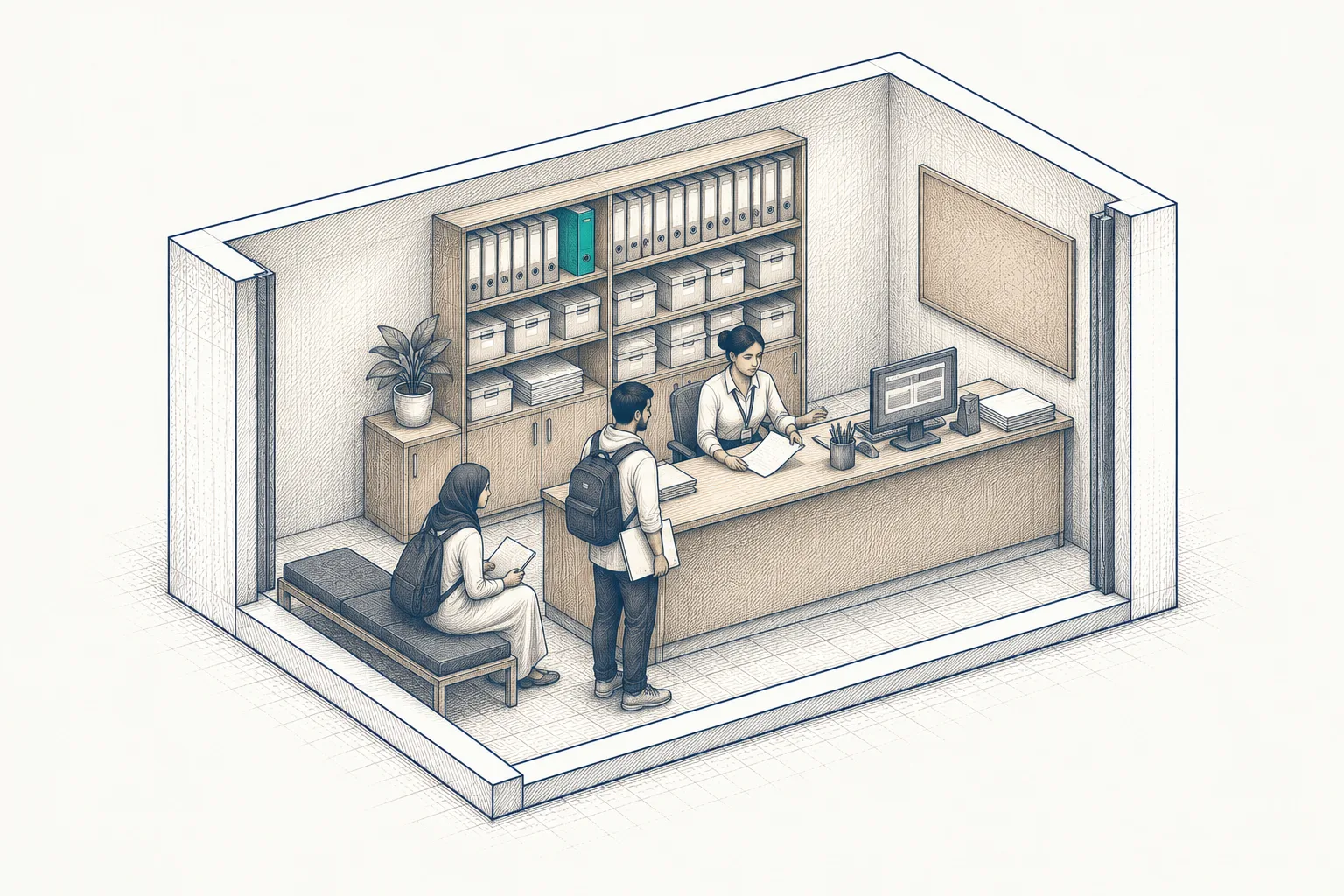 Admissions office: a clerk at the desk, a student with documents, files on the shelf behind