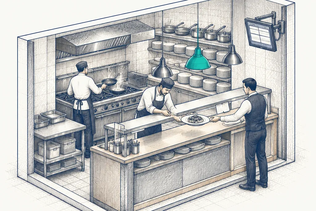 Restaurant kitchen, cutaway: a chef at the range, the pass under a teal pendant, a kitchen display on the wall