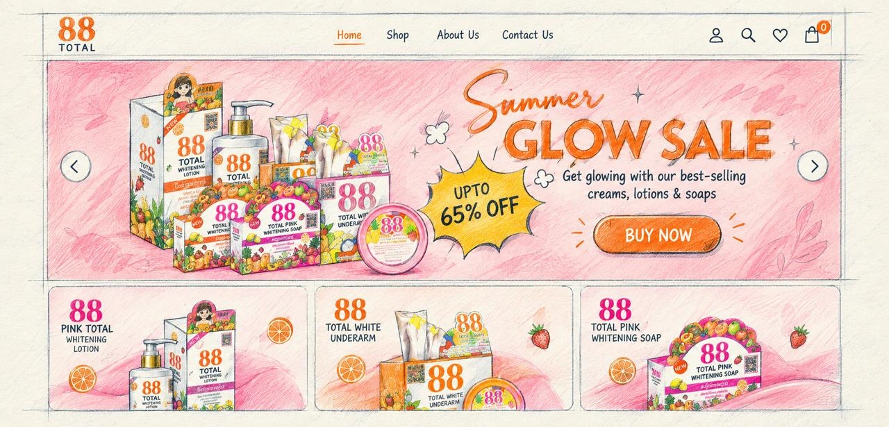 The 88 Total website home page, drawn: the Summer Glow Sale banner over whitening lotions, soaps and creams, three product cards below