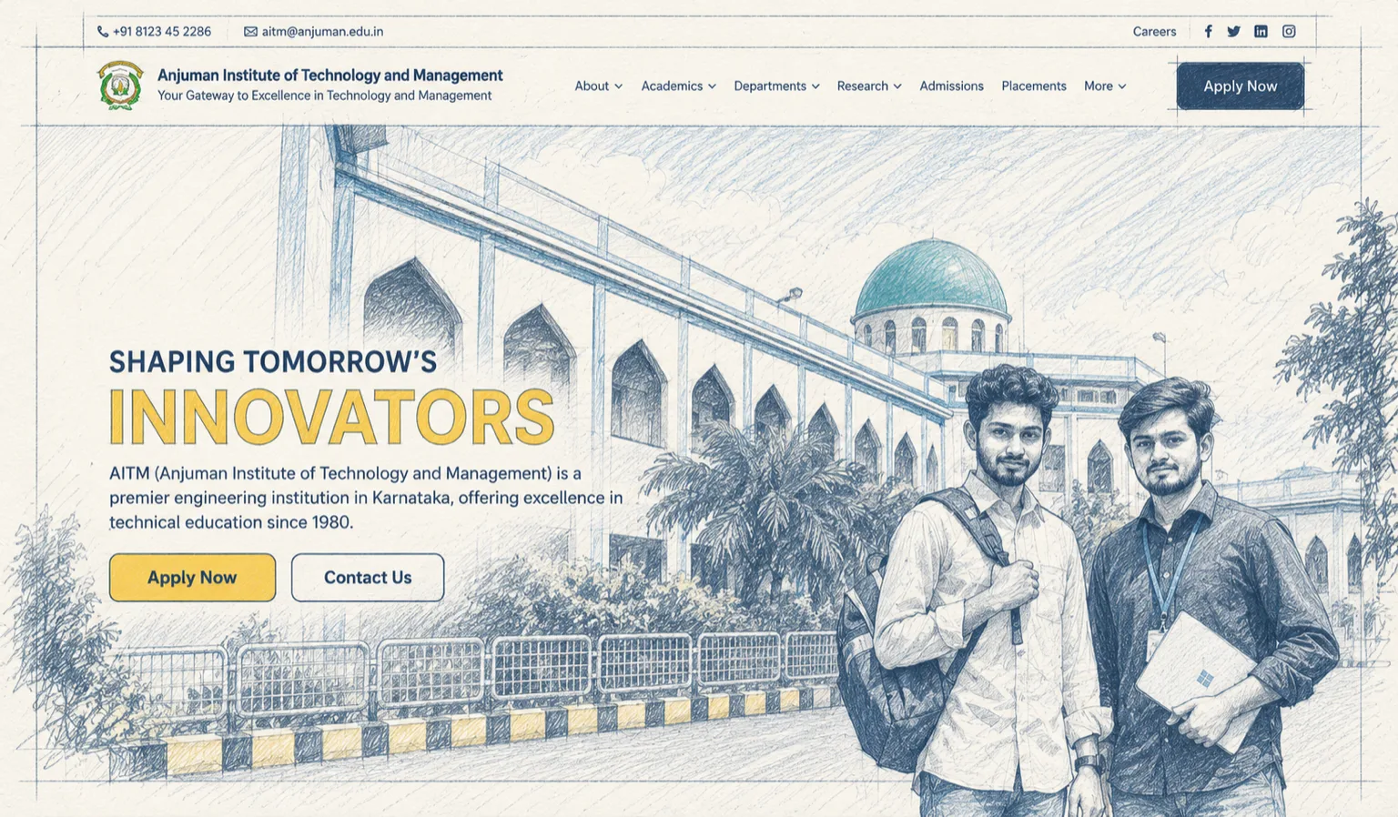 AITM website home page, sketched: the campus arcade and dome behind two students; admissions and departments in the menu