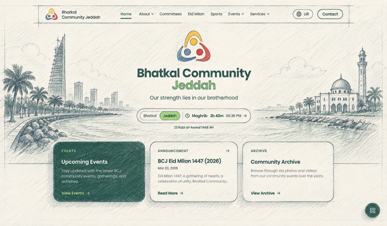 Bhatkal Community Jeddah website home page, sketched: the corniche and a mosque behind the prayer-time bar and event cards