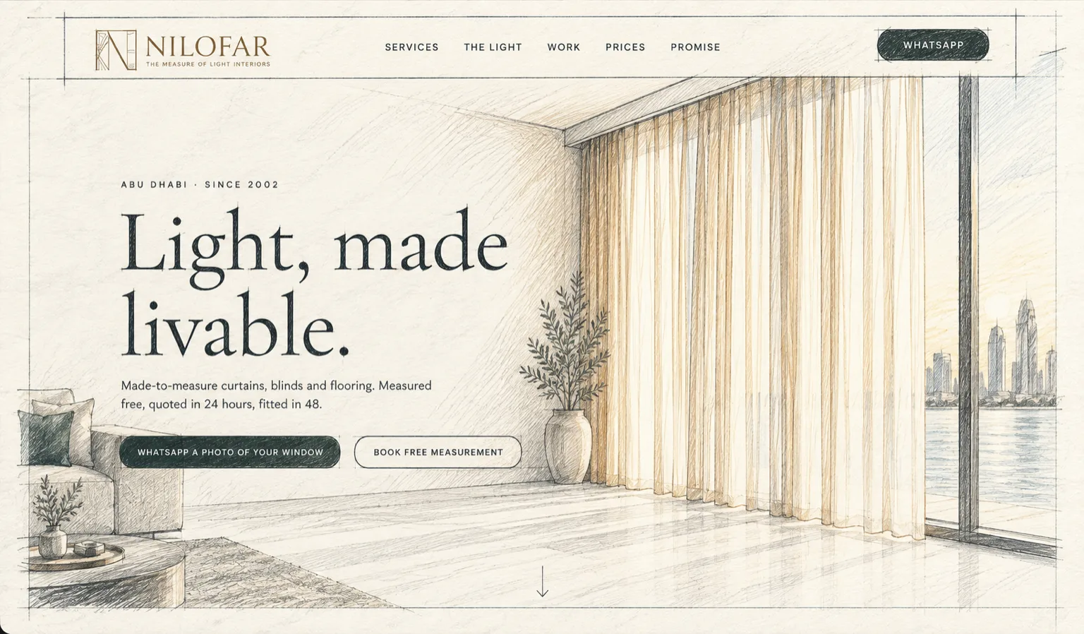 Nilofar website home page, sketched: sheer curtains lit by a window over the sea, a sofa in the corner