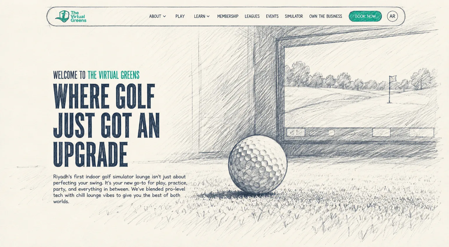 The Virtual Greens website home page, sketched: a golf ball on the mat in front of the simulator screen